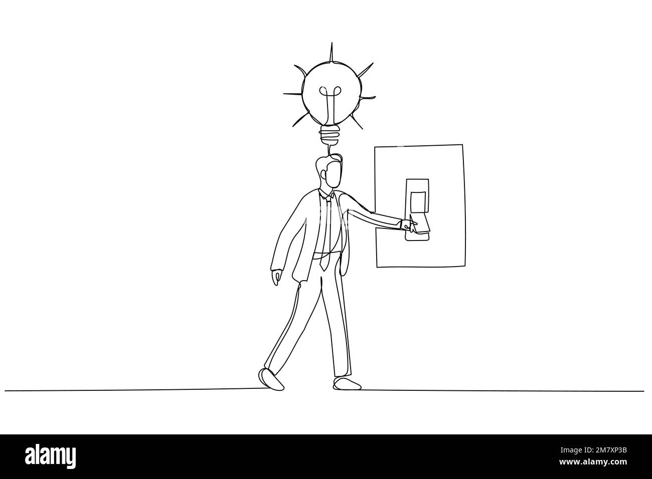 Cartoon eines Geschäftsmannes, der eine Leiter aus Bleistift hochklettert, um das Glühbirnenkonzept der Ideensuche zu finden. Einzeiliger Kunststil Stock Vektor