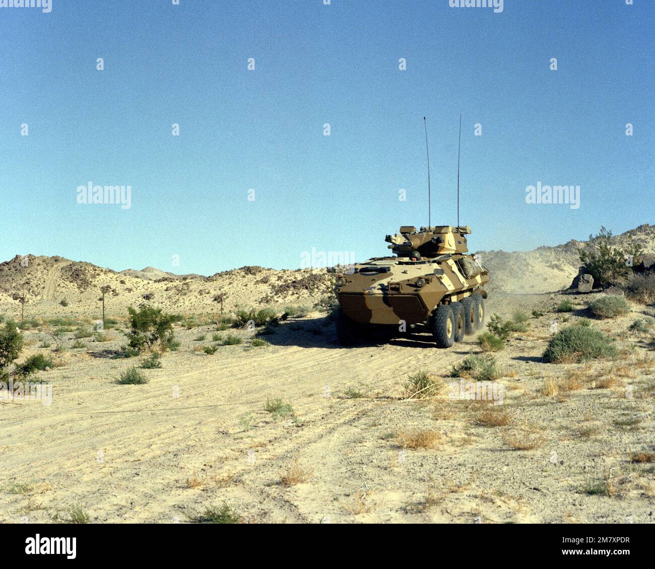 Marine Corps Air-Ground Combat Center, Twentynine Palms. Ein leichter gepanzerter Wagen aus dem Jahr LAV25 fährt auf einer Straße in der Gegend von Delta. Basis: MCAGCC, Twentynine Palms Bundesstaat: Kalifornien (CA) Land: Vereinigte Staaten von Amerika (USA) Stockfoto