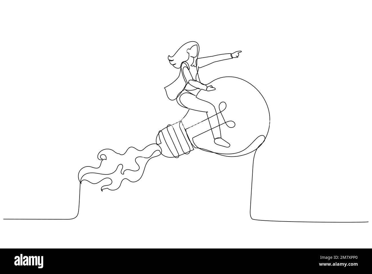 Cartoon einer Geschäftsfrau, die mit einer fliegenden Glühbirne und einem Raketenwerfer am Wolkenhimmel reitet. Kreative neue Idee. Einzeiliger Kunststil Stock Vektor