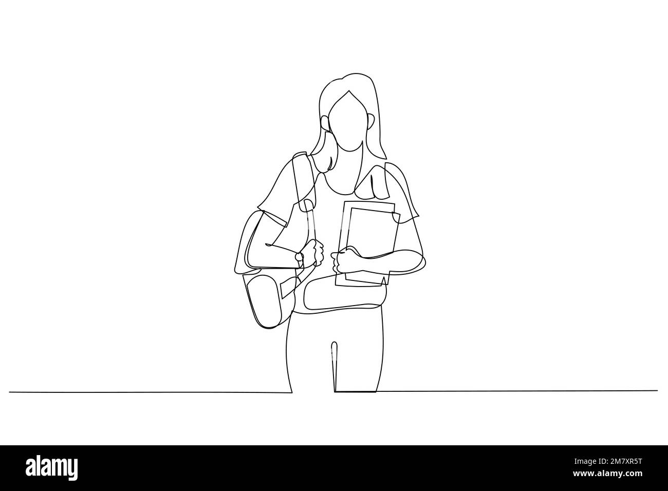 Zeichnung einer Studentin, die einen Laptop hält und in die Kamera schaut. Strichgrafik-Stil Stock Vektor