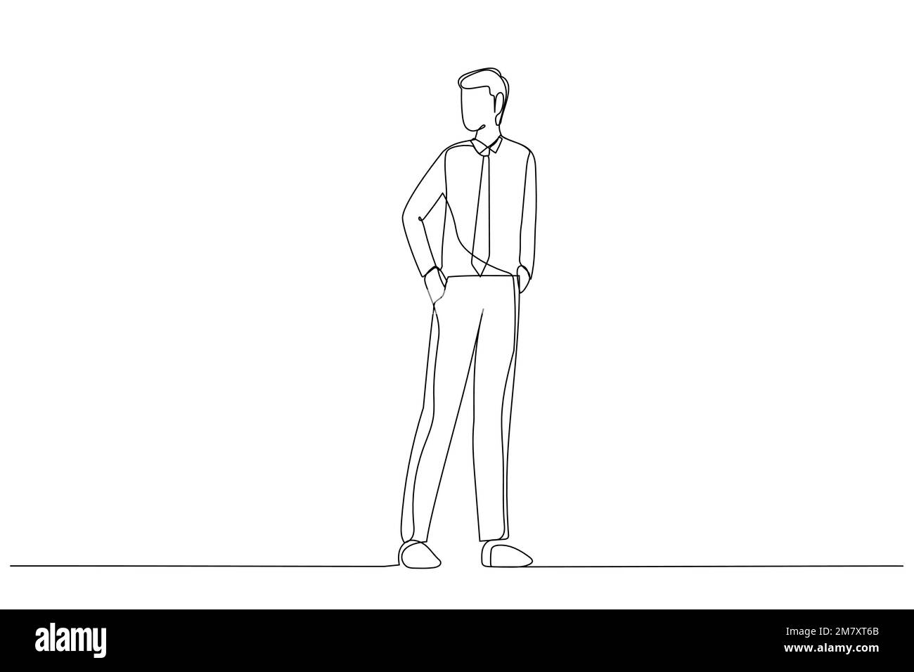 Cartoon eines gutaussehenden jungen Geschäftsmannes, der steht und posiert. Einzeiliger Kunststil Stock Vektor