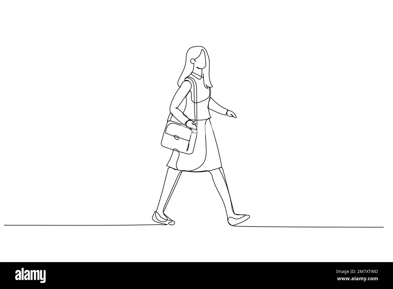 Abbildung einer Geschäftsfrau, die auf Geschäftsreisen eilig vorbeiläuft. Einteilige, durchgehende Strichart Stock Vektor