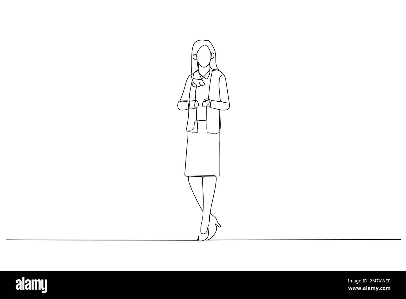 Cartoon einer Geschäftsfrau mit geradem Haar im Büro mit Schuhen mit hohem Absatz. Einzeilige Kunst Stock Vektor