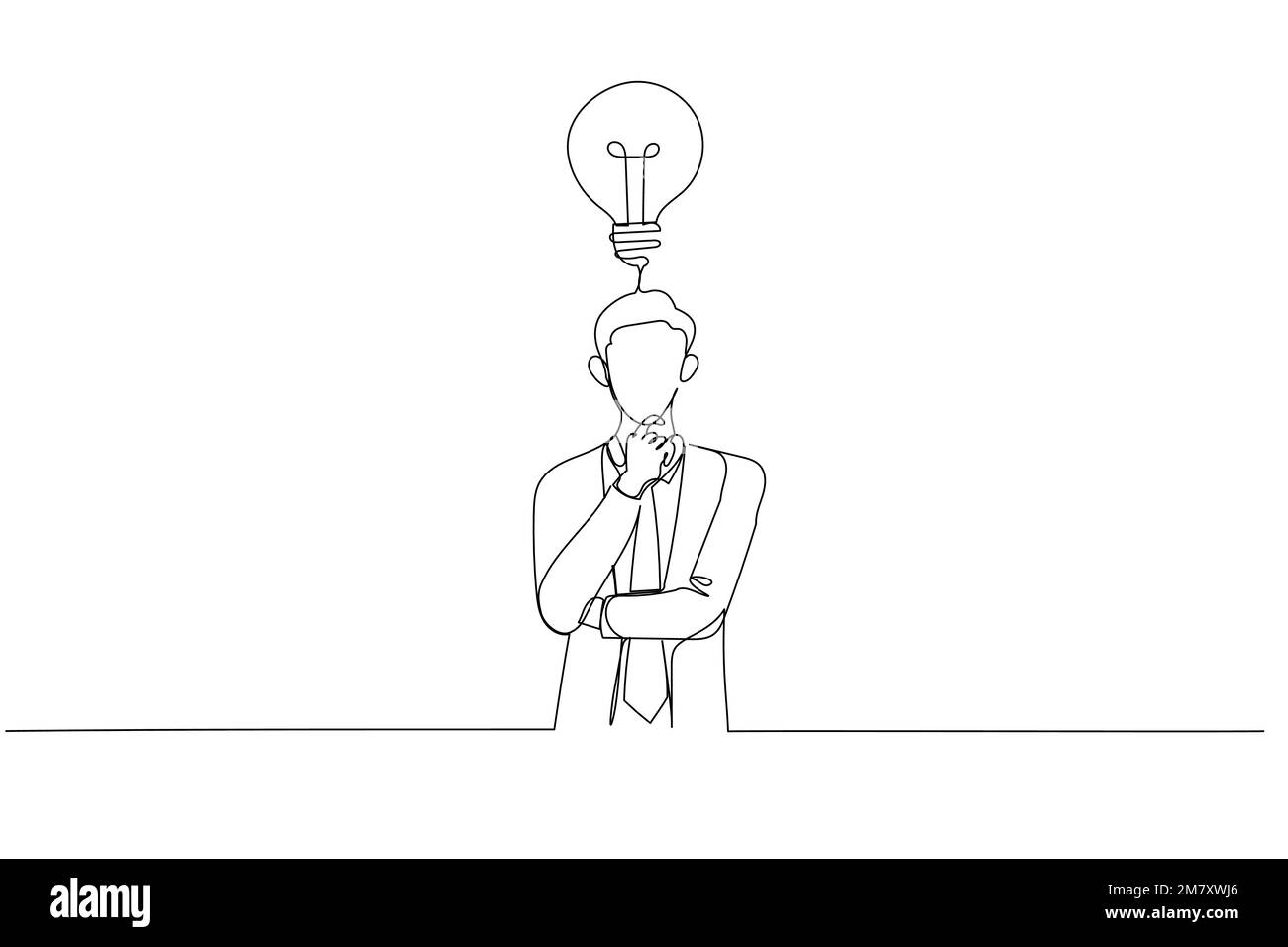 Cartoon mit Taille hoch Porträt Geschäftsmann, der einen Plan macht Hand am Kinn halten und aufmerksam aufschauen. Ein kontinuierlicher Strichbildstil Stock Vektor