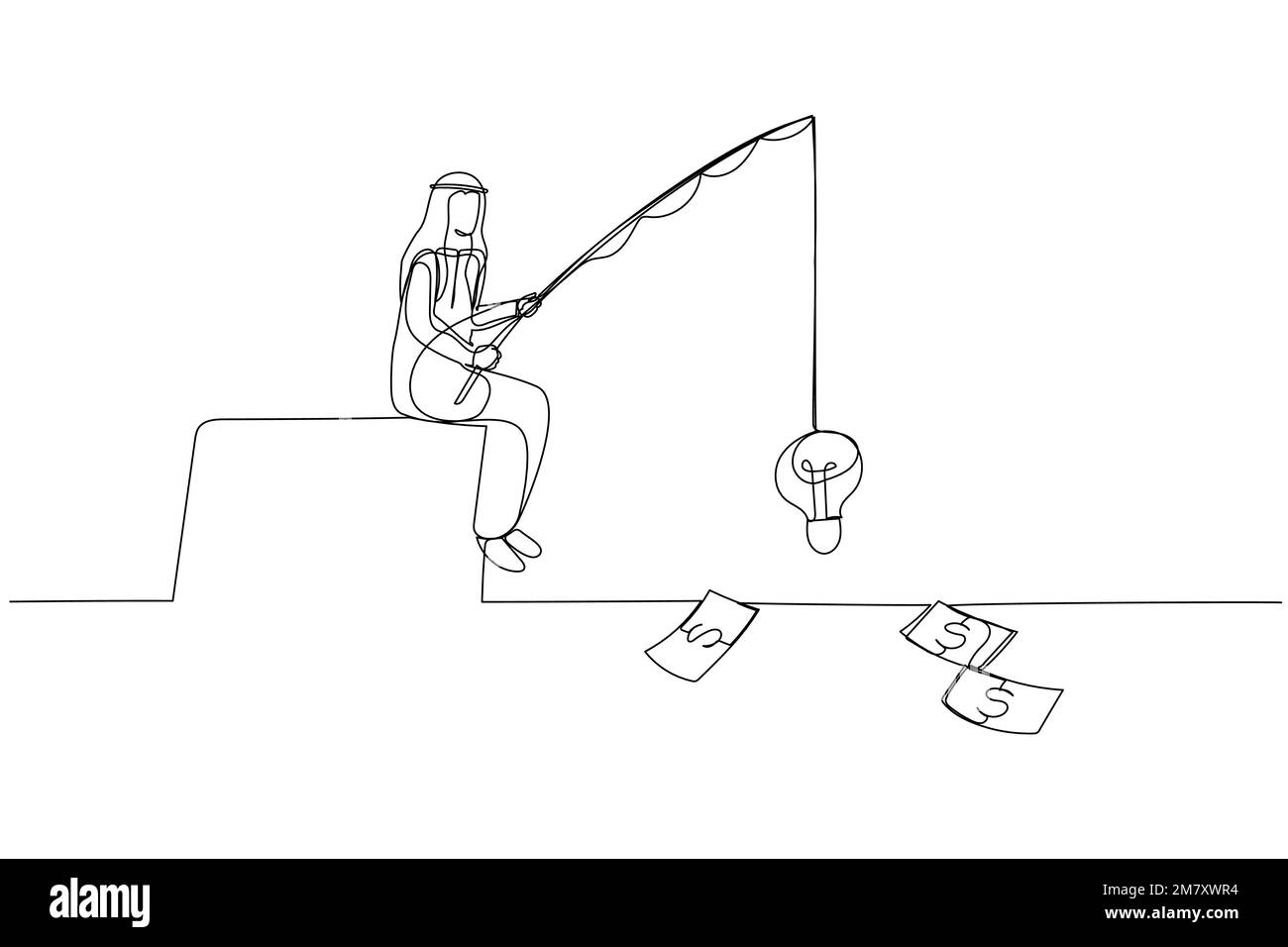 Veranschaulichung des arabischen Geschäftsmanns, der Dollargeld als Konzept von Innovation und Strategie anfischt. Einzeiliges Kunstdesign Stock Vektor