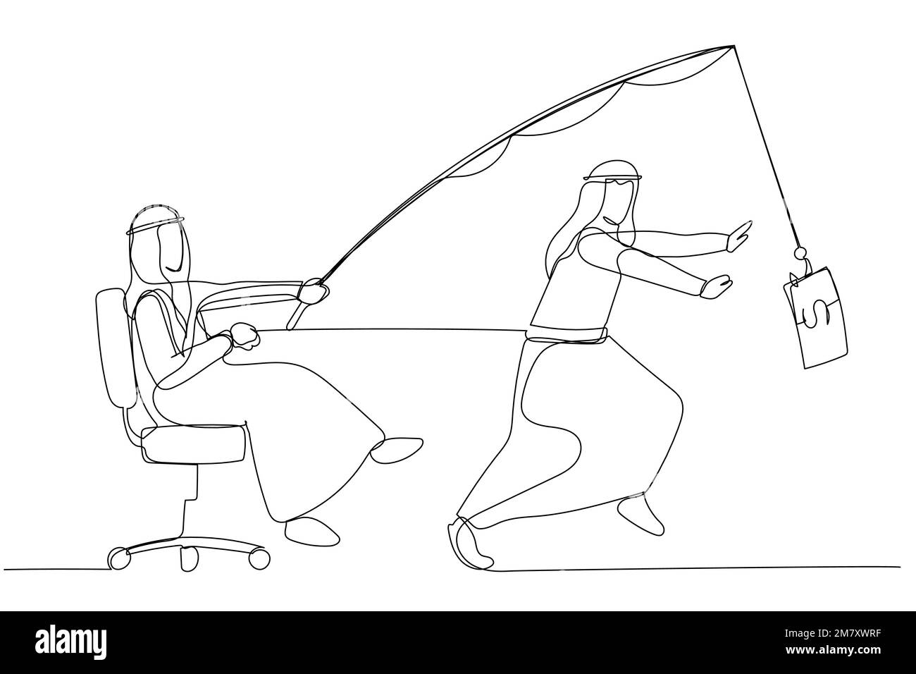 Darstellung eines arabischen Geschäftsmanns, der mit Geld vom Boss versklavt wird. Einzeiliges Kunstdesign Stock Vektor