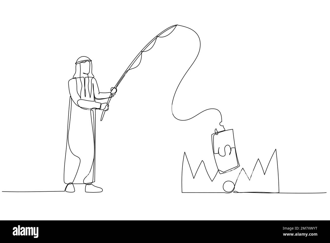 Cartoon eines arabischen Geschäftsmannes, der Geld aus der Falle stiehlt, mit einer Angelrute-Metapher des Investitionsrisikos. Einzeiliges Kunstdesign Stock Vektor