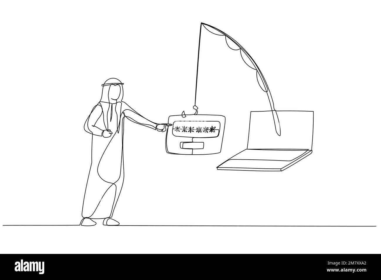 Die Zeichnung eines arabischen Geschäftsmanns mit Kreditkarte wird fast durch das Einreichen eines Passworts für Phishing betrogen. Einzeiliges Design im Art-Stil Stock Vektor