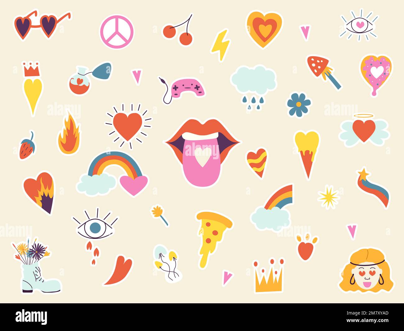 Tolle Hippie-Liebesaufkleber-Set. Rückwirkende 60s 70s-Elemente. Comic funky. Sticker Pack im trendigen, psychedelischen Retro-Cartoon-Stil. Stock Vektor