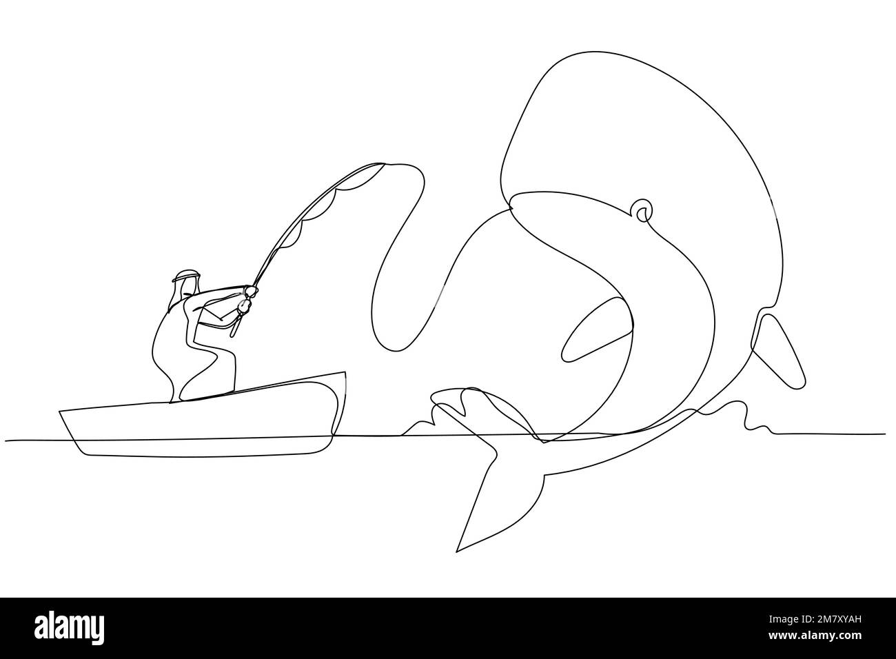 Illustration eines arabischen Geschäftsmanns, der große Fischwale bekommt, Konzept, großen Profit zu fangen. Design im Kunststil mit einer durchgehenden Linie Stock Vektor