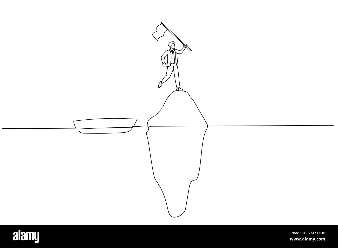 Karikatur eines Geschäftsmannes, der die Flagge auf dem Gipfel des Eisbergs hält, Begriff der Illusion. Einzeiliges Kunstdesign Stock Vektor