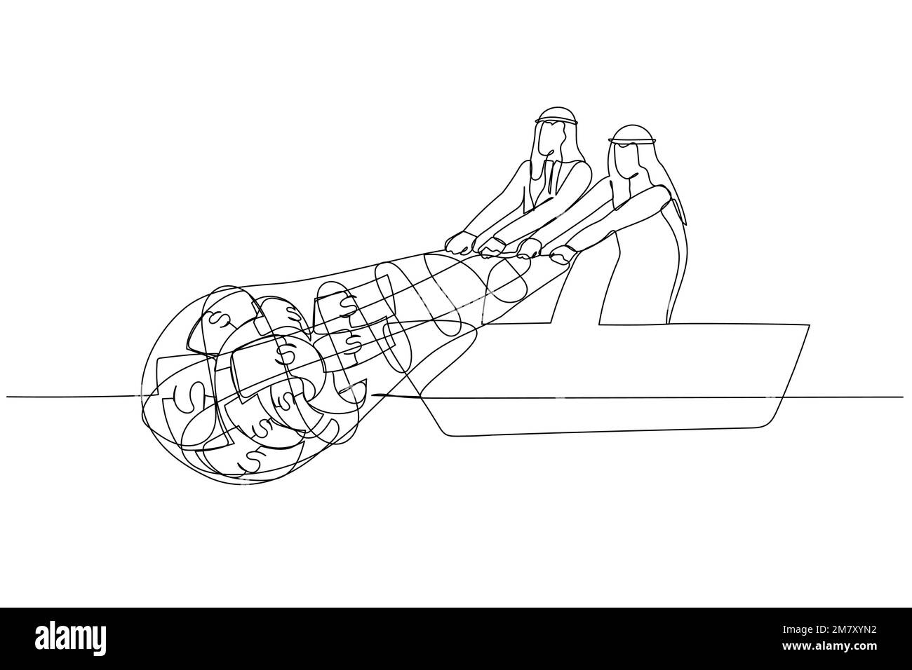 Der Cartoon eines arabischen Geschäftsmannes versucht, Geld mit einem Nettokonzept des finanziellen Gewinns zu bekommen. Einzeiliges Kunstdesign Stock Vektor