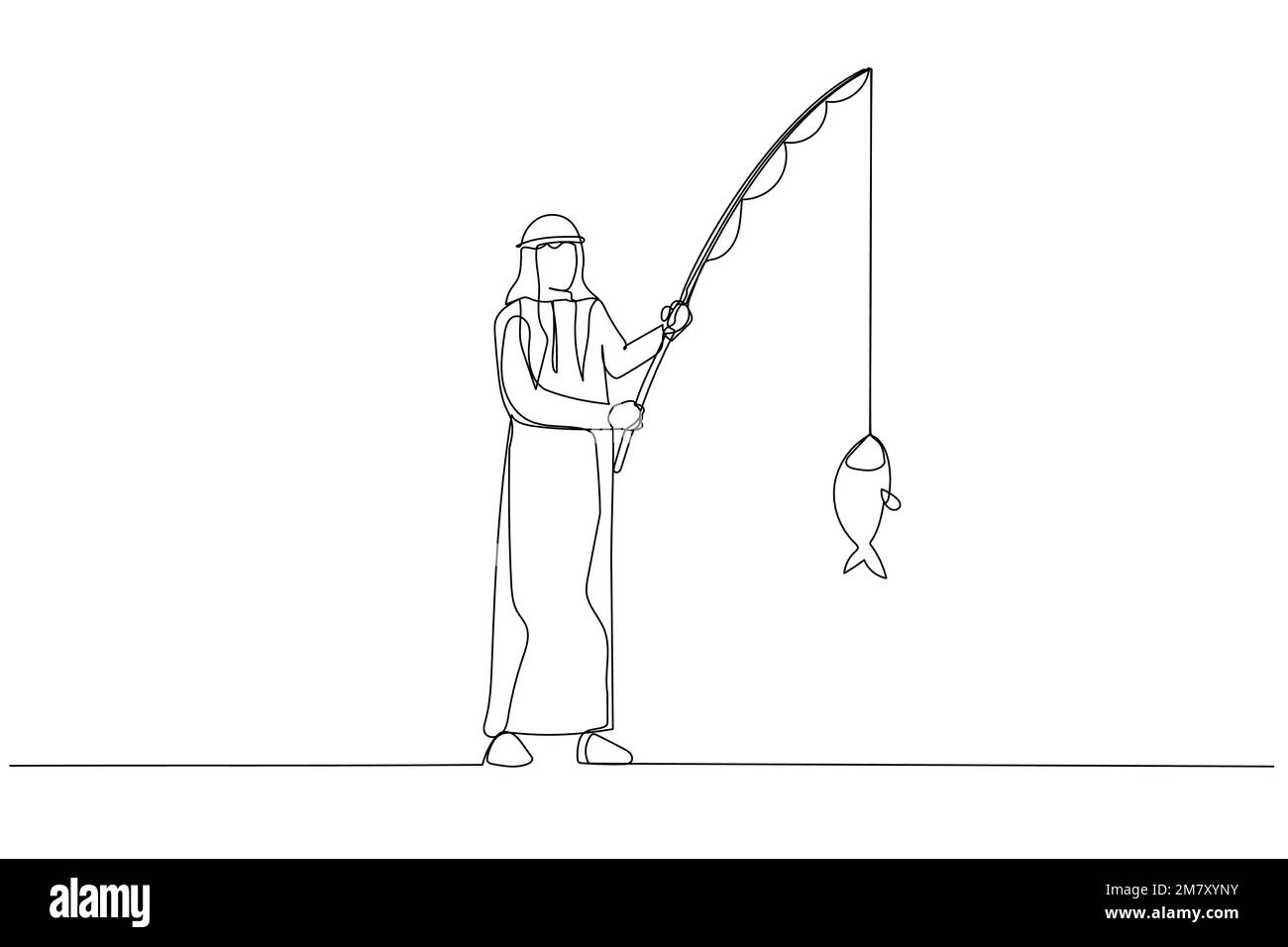 Cartoon eines arabischen Geschäftsmannes, der großen Fisch fischt. Einzeiliges Design im Art-Stil Stock Vektor