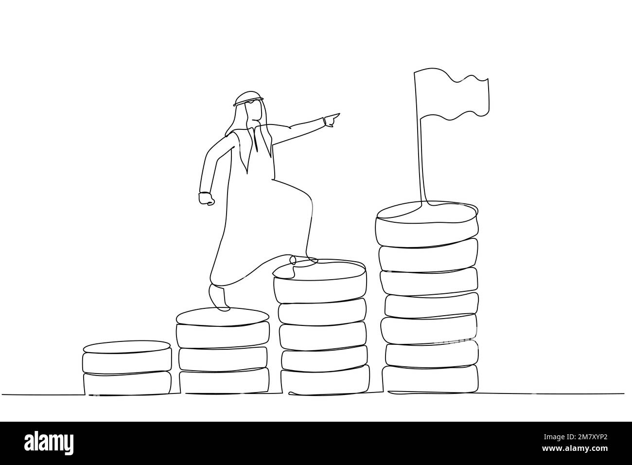 Cartoon eines arabischen Geschäftsmanns, der Geld klettert, um das Ziel zu erreichen, das finanzielle Ziel zu erreichen. Einzeiliges Kunstdesign Stock Vektor