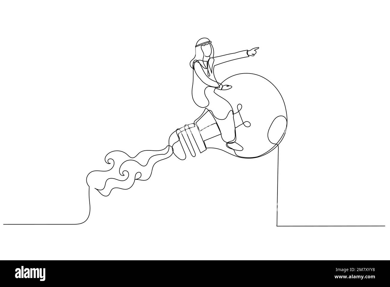 Zeichnung eines arabischen Geschäftsmanns, der mit einer hellen Glühbirne mit Raketenantrieb am Wolkenhimmel reitet. Kreative neue Idee. Einzelne durchgehende Linie Stock Vektor