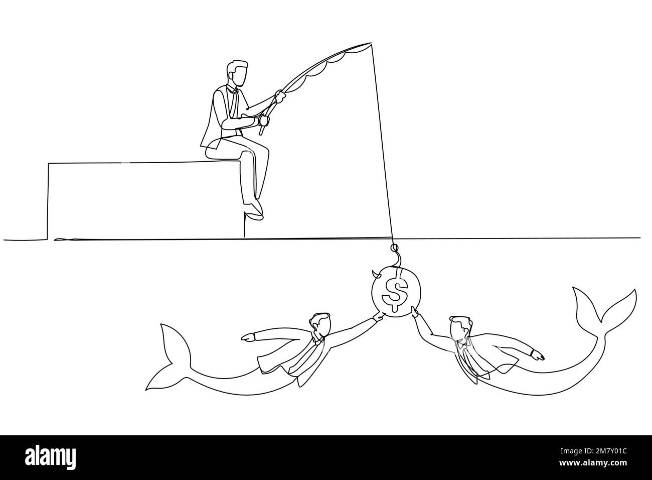 Cartoon eines Geschäftsmannes, der Humankapital fischt, Meerjungfrau, Konzept der Talentjagd. Design im Kunststil mit einer durchgehenden Linie Stock Vektor