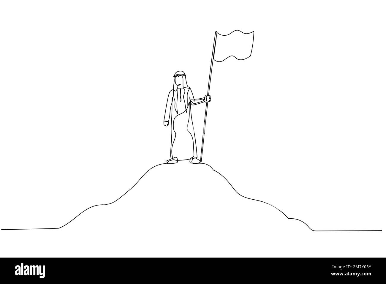 Illustration eines arabischen Geschäftsmannes mit Flagge auf dem Gipfel des Berges über dem Himmel Konzept des Geschäftserfolgs. Einteiliges Design mit durchgehender Strichzeichnung Stock Vektor