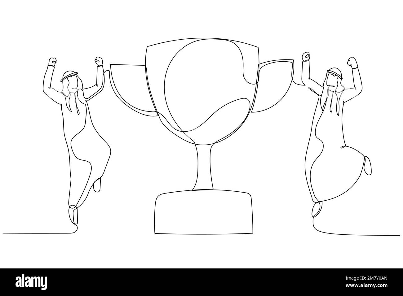 Illustration eines arabischen Geschäftsmanns, der mit dem Trophäen-Pokal-Konzept der Anerkennung in die Luft springt. Einzeiliges Kunstdesign Stock Vektor