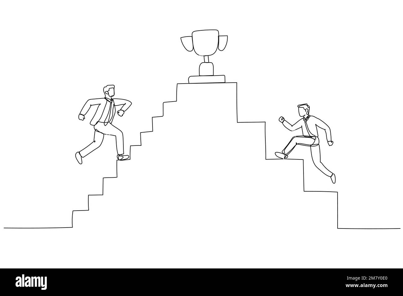 Zeichnung eines Geschäftsmanns, der die Treppe hinaufgeht, in Richtung der Trophäe oben. Design für Strichkunst Stock Vektor
