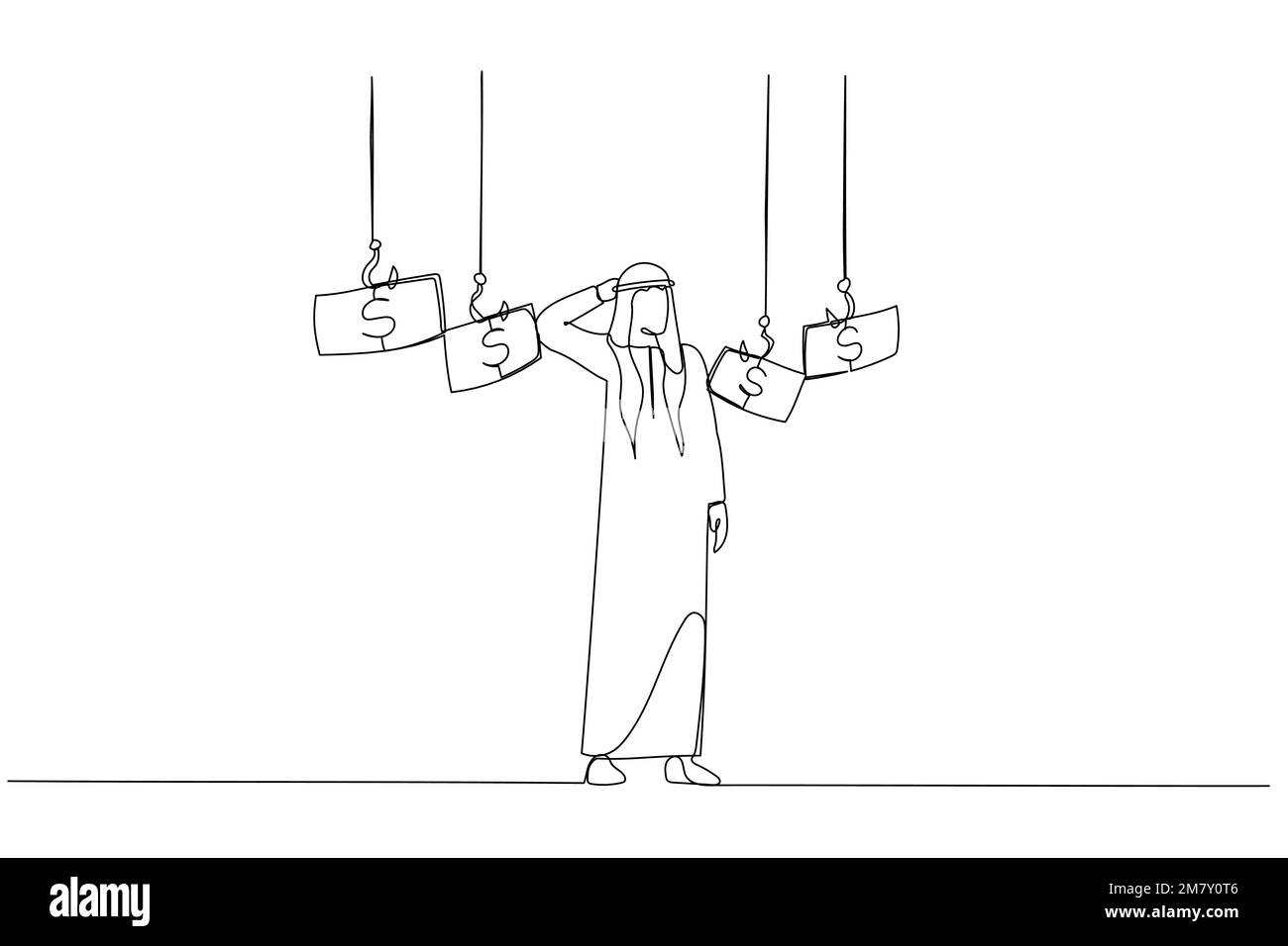 Illustration eines arabischen Geschäftsmanns, der sich für einen Angelhaken entschieden hat, mit einem Geldkonzept der Gelegenheit. Design im Kunststil mit einer durchgehenden Linie Stock Vektor