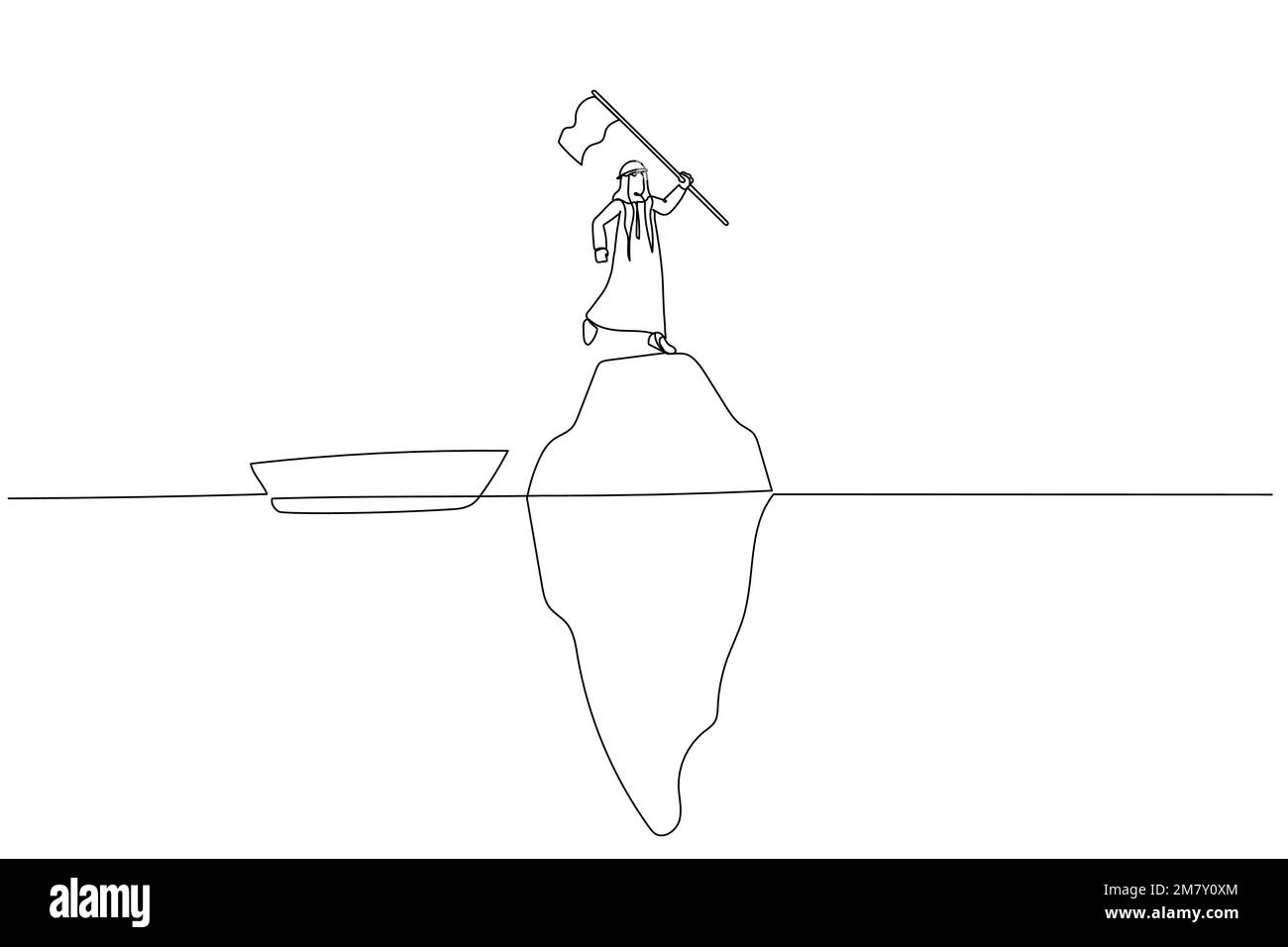 Karikatur eines arabischen Mannes, der die Flagge auf dem Gipfel des Eisbergs hält, Konzept der Illusion. Einzeiliges Kunstdesign Stock Vektor