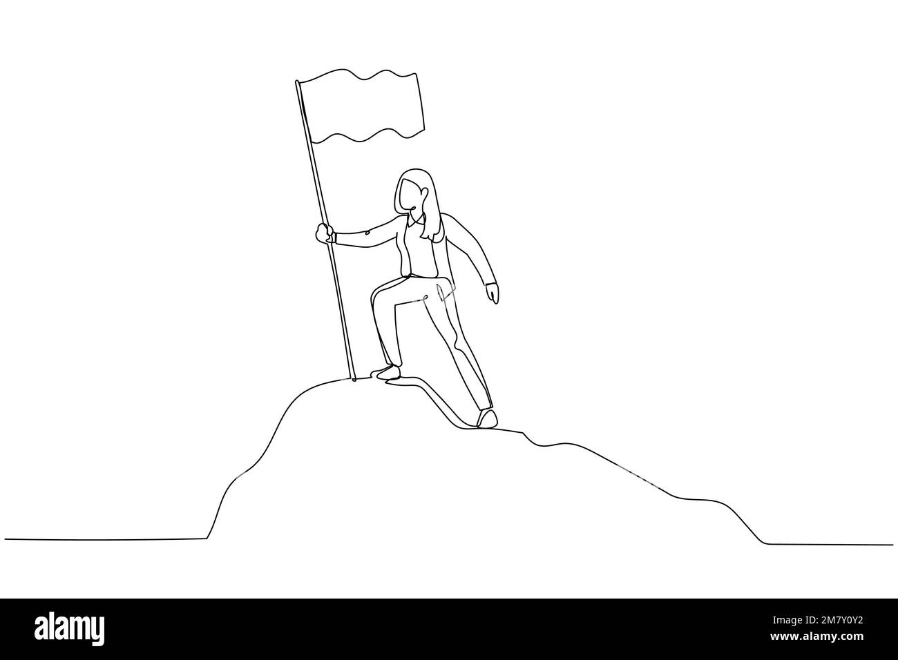 Cartoon einer Geschäftsfrau, die auf dem Gipfel des Berges steht und die Flagge hält wie ein Eroberer. Design im Kunststil mit einer durchgehenden Linie Stock Vektor