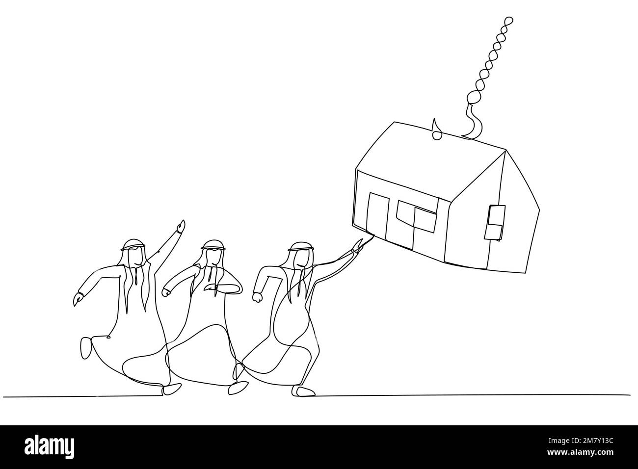 Darstellung einer Gruppe arabischer Geschäftsleute, die versuchen, Hausköder an einen Angelhaken zu bekommen. Einzeiliges Kunstdesign Stock Vektor