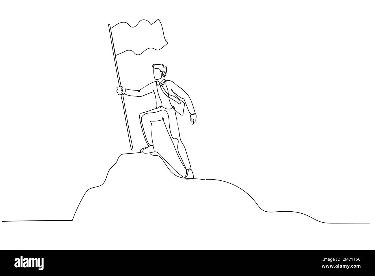 Cartoon eines Geschäftsmannes, der auf dem Gipfel des Berges steht und die Flagge hält wie ein Eroberer. Design im Kunststil mit einer durchgehenden Linie Stock Vektor
