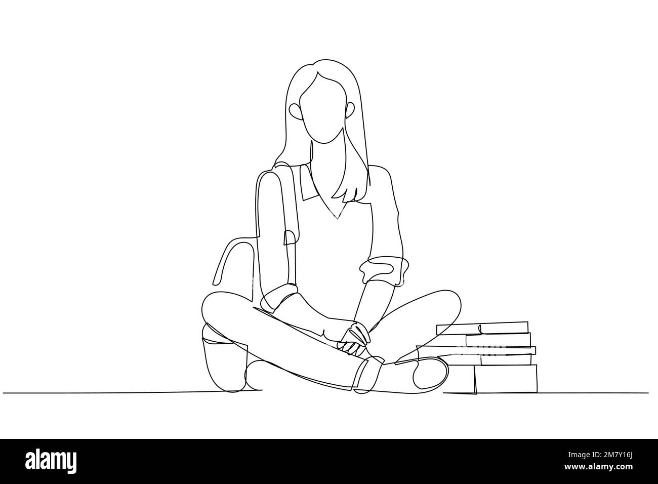Cartoon einer Studentin, die nach dem Unterricht sitzt. Einzeiliger Kunststil Stock Vektor