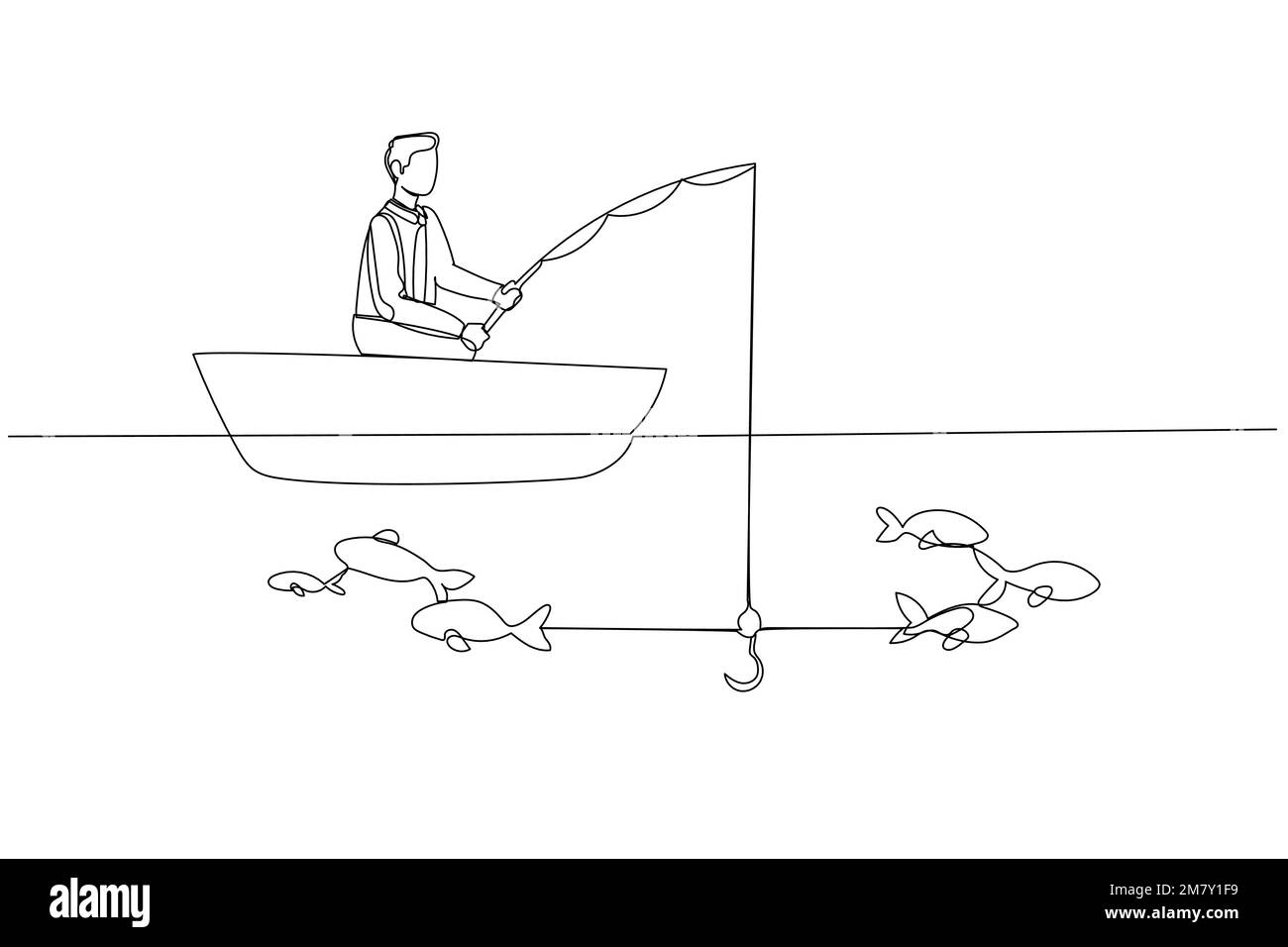 Der Cartoon eines Geschäftsmannes versucht, Fisch zu fangen, aber nicht ein einziges Konzept von Misserfolg. Design im Kunststil mit einer durchgehenden Linie Stock Vektor