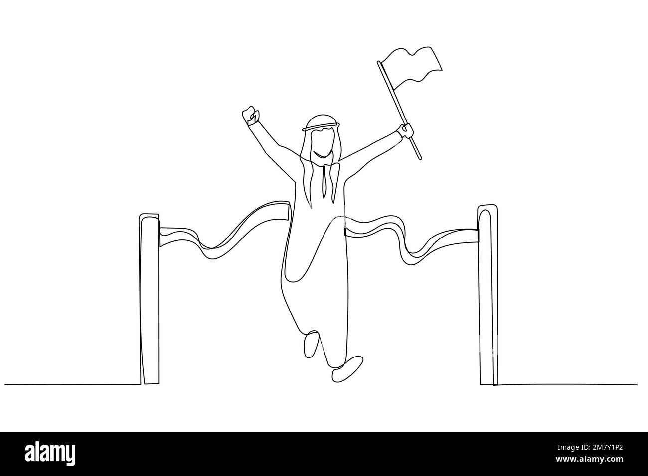 Abbildung eines arabers, der die Nummernfahne auf dem ersten Platz in der Ziellinie hält. Einzeiliges Kunstdesign Stock Vektor