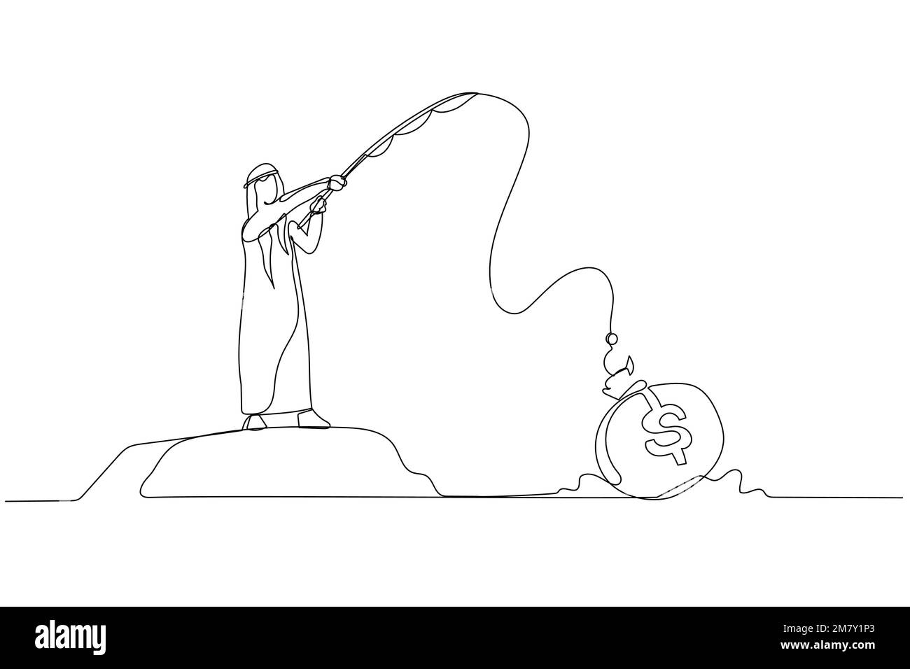 Cartoon eines arabischen Geschäftsmannes, der mit einem großen Geldbeutel als Köder angeln will. Design im Strichkunststil Stock Vektor