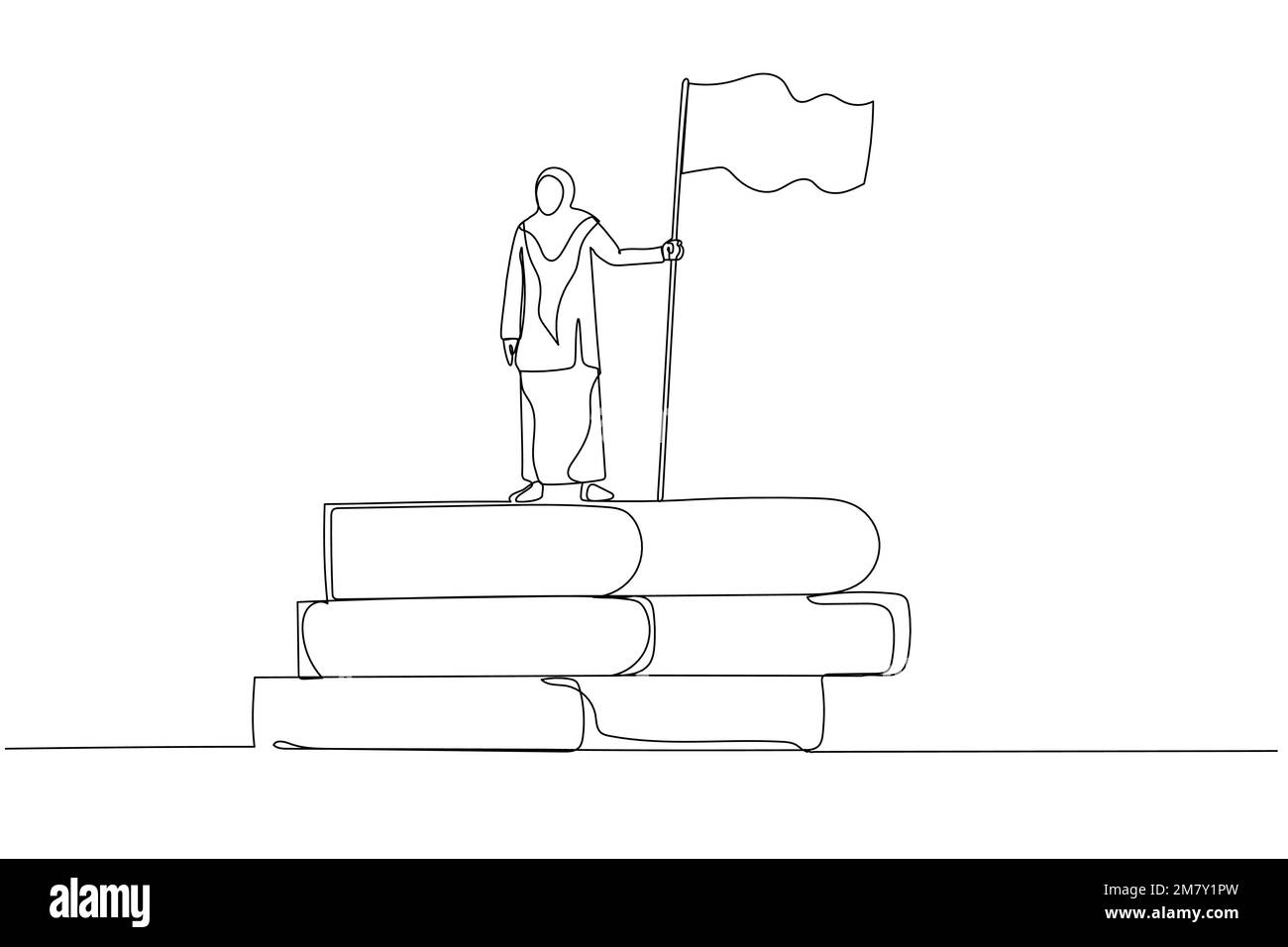 Cartoon einer muslimischen Unternehmerin mit Flagge auf Buch-Stapel-Konzept des Erfolgs aus Wissen. Einzeiliges Kunstdesign Stock Vektor