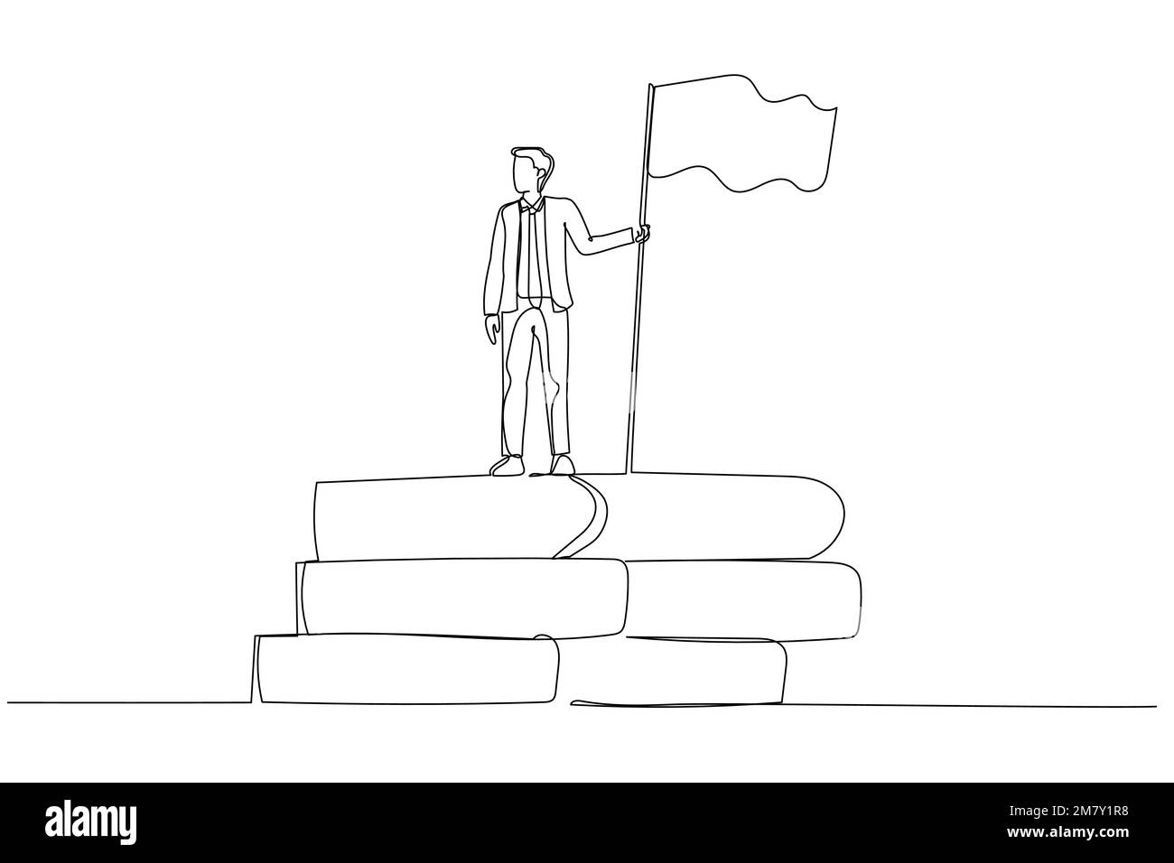 Cartoon eines Geschäftsmannes mit Flagge auf Buch-Stapel-Konzept des Erfolgs aus Wissen. Einzeiliges Kunstdesign Stock Vektor