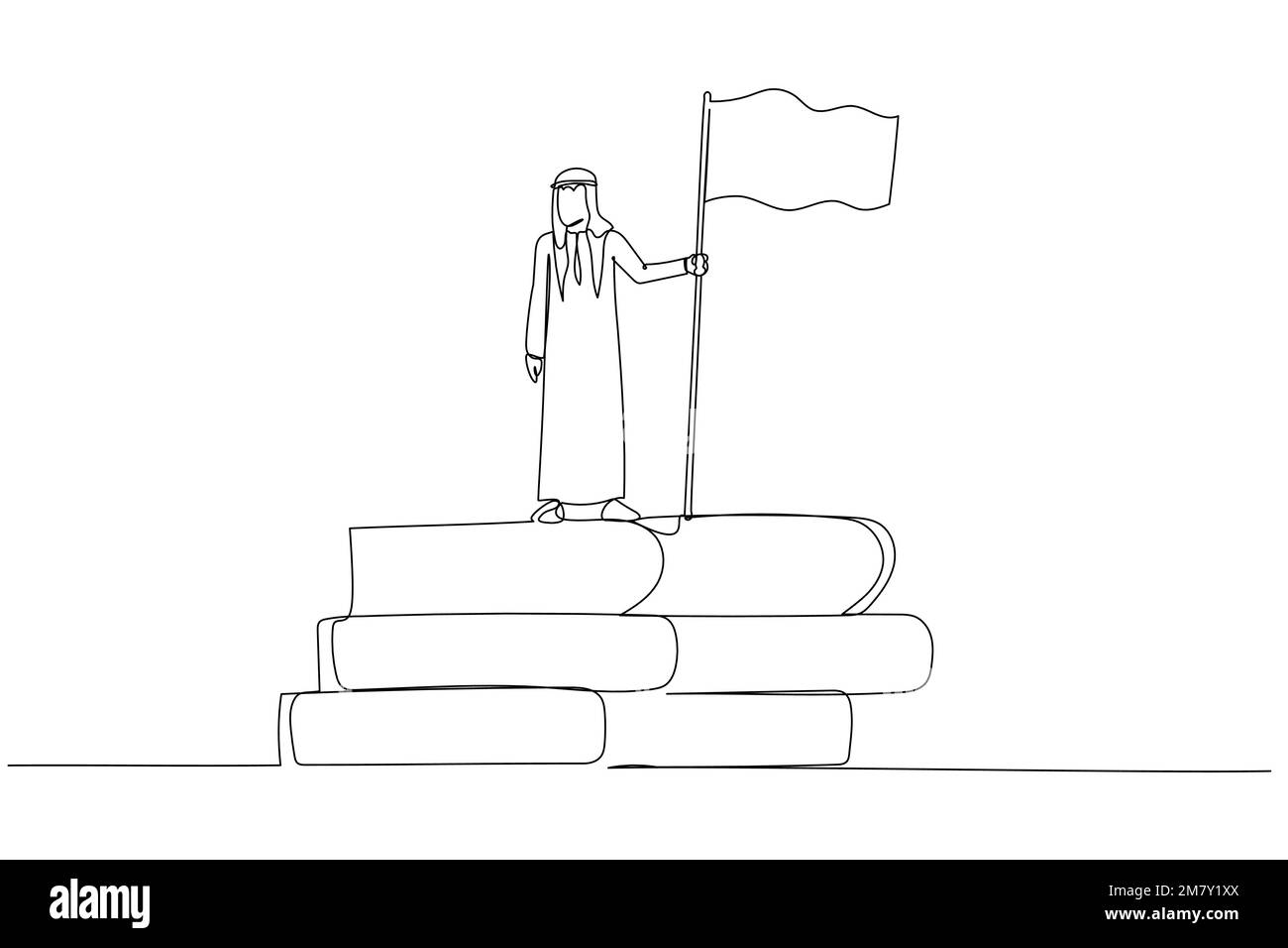Cartoon eines arabischen Geschäftsmannes mit Flagge auf Buch-Stapel-Konzept des Erfolgs aus Wissen. Einzeiliges Kunstdesign Stock Vektor
