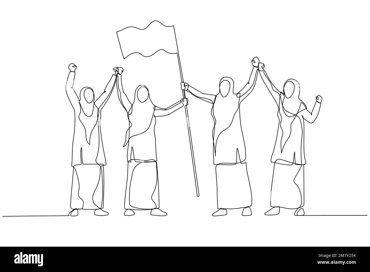 Zeichnung einer muslimischen Unternehmerin, die die Flagge hisst und Erfolg hat. Einzeiliges Design im Art-Stil Stock Vektor