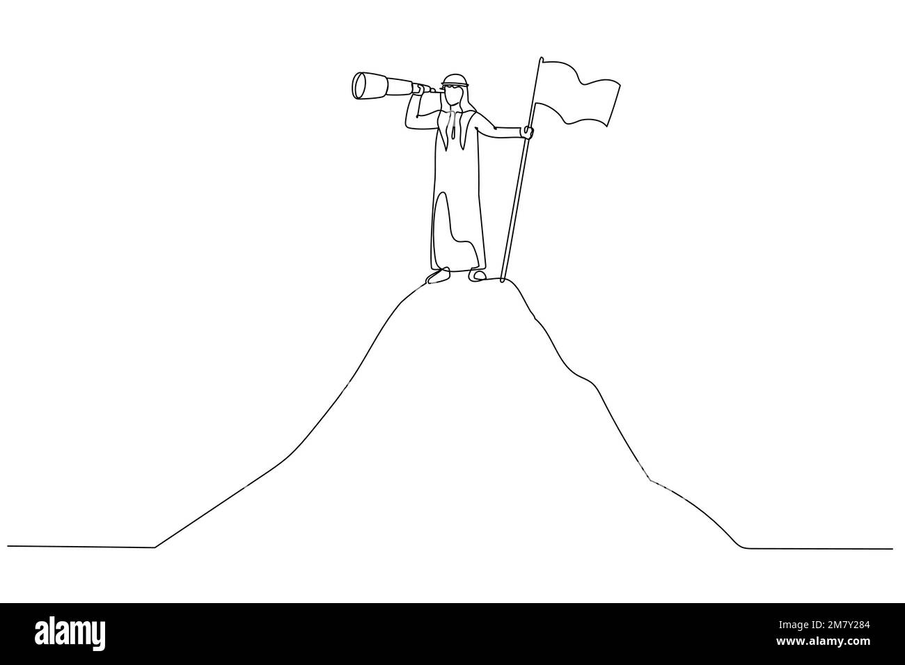 Erfolgszeichnung der arabische Mann hält einen Spyglass-Stand neben der Flagge auf dem Bergkonzept der Chance. Design für Strichkunst Stock Vektor