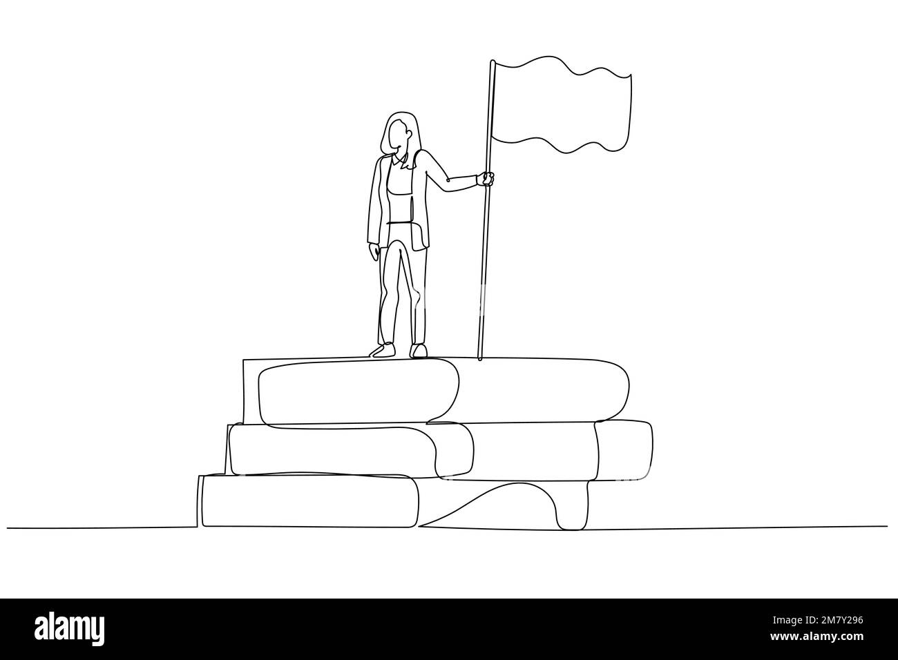 Cartoon einer Geschäftsfrau mit Flagge auf Buch-Stapel-Konzept des Erfolgs aus Wissen. Einzeiliges Kunstdesign Stock Vektor