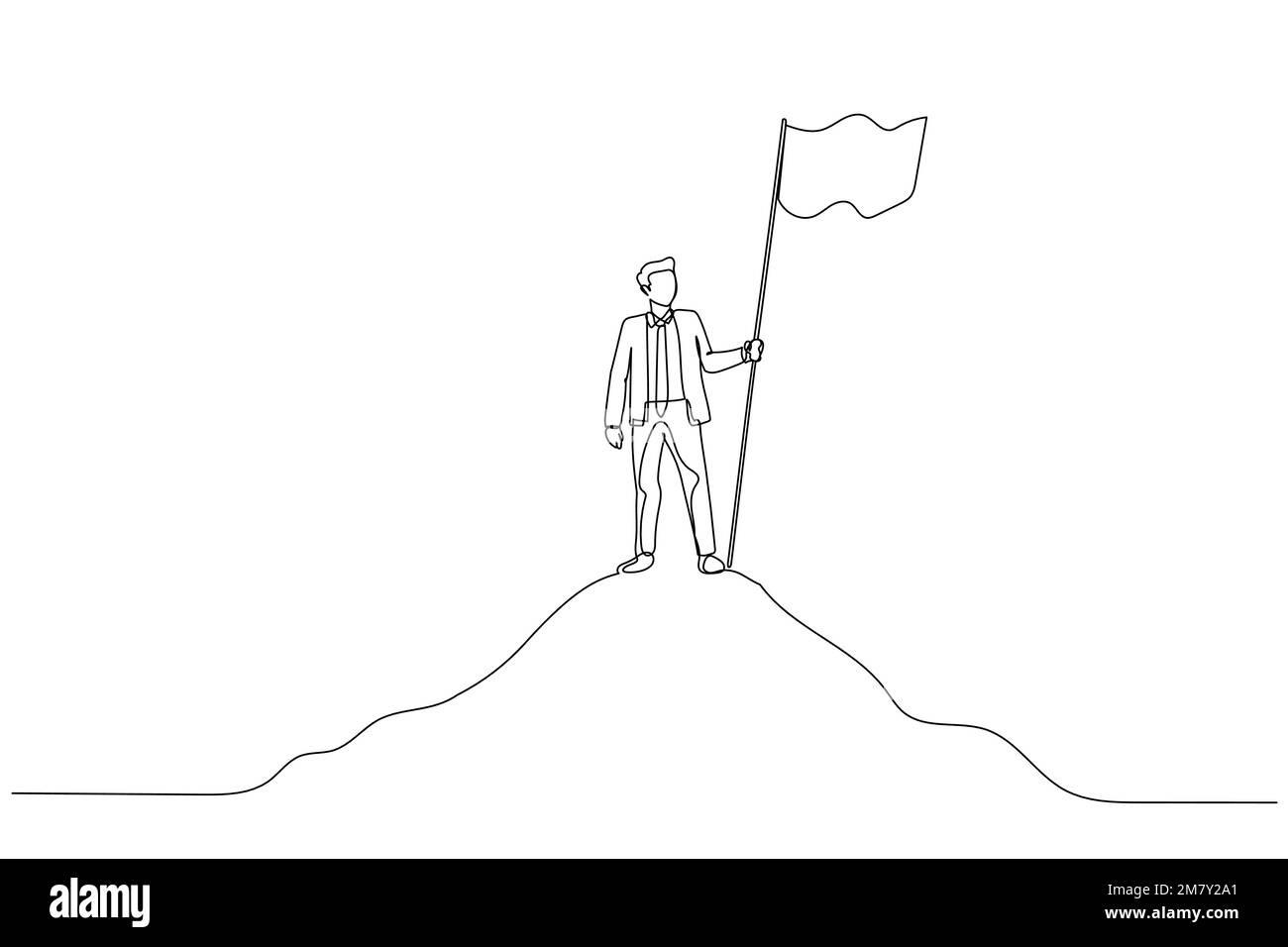 Darstellung eines Geschäftsmanns mit Flagge auf dem Gipfel des Berges über dem Himmel Konzept des Geschäftserfolgs. Einteiliges Design mit durchgehender Strichzeichnung Stock Vektor