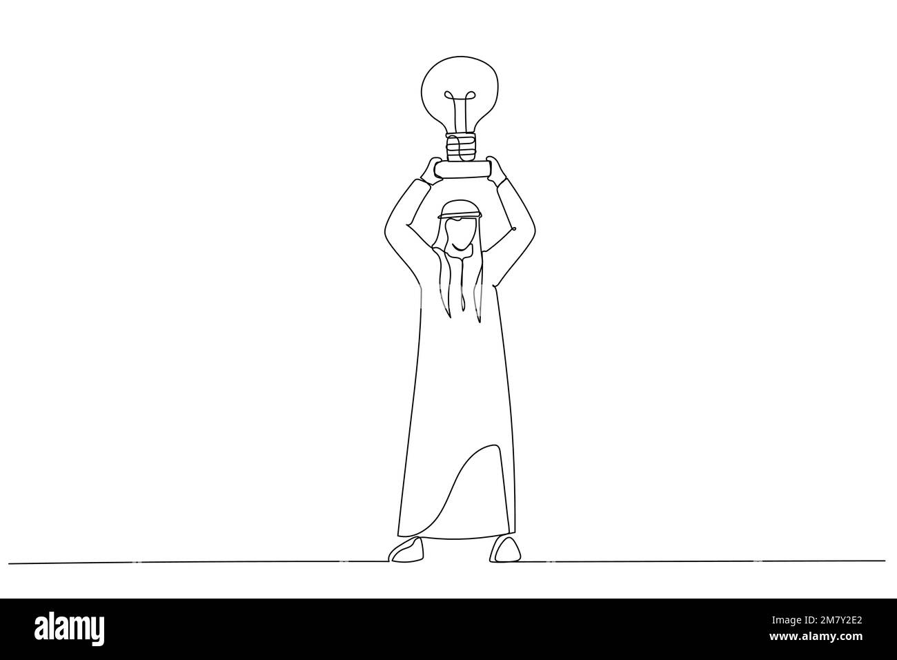 Darstellung arabischer Geschäftsmännerhände nimmt einen Trophäenbecher, der wie eine Glühbirne auf einem Sockel aussieht. Einzeiliges Design im Art-Stil Stock Vektor