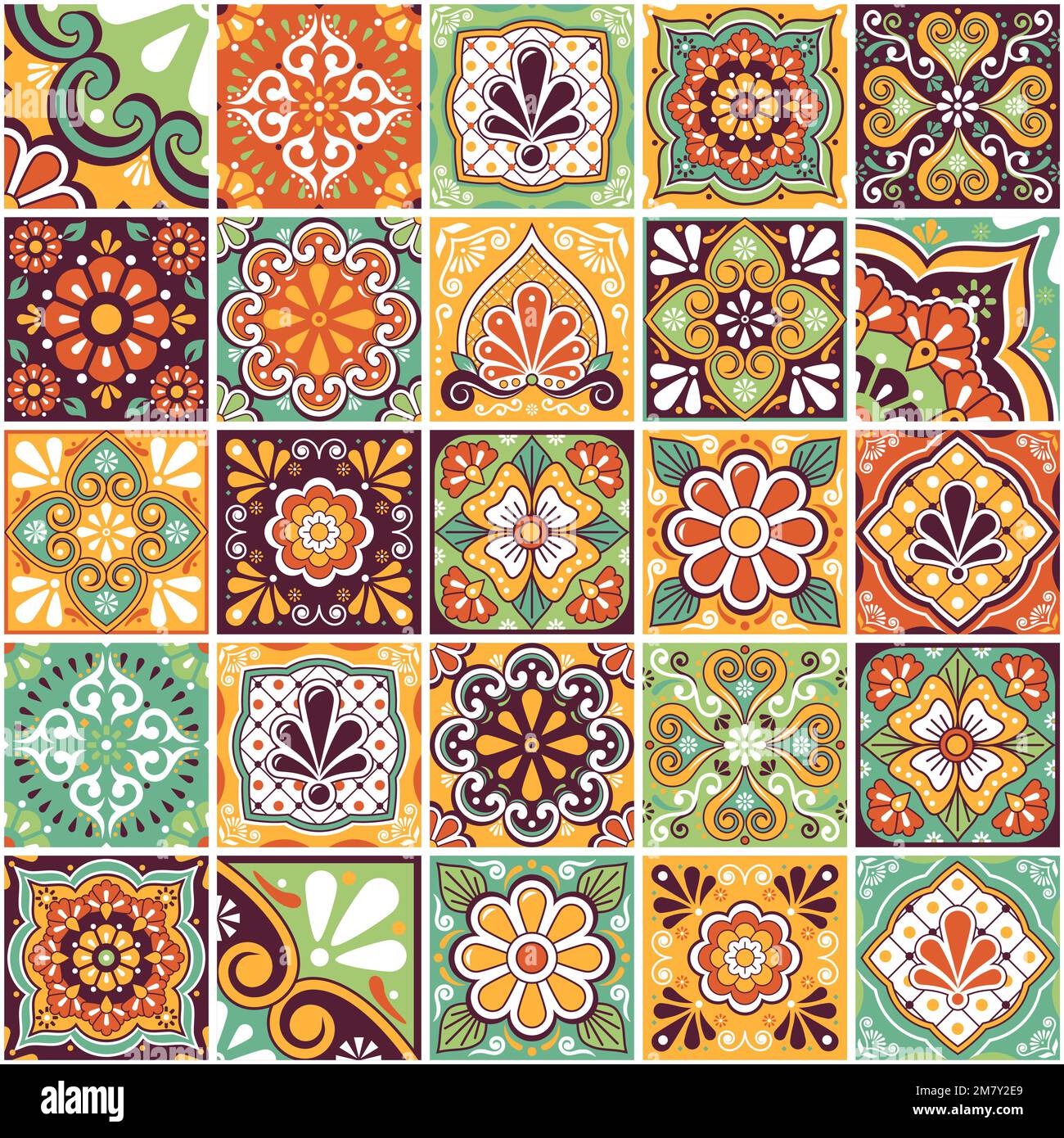 Mexikanische traditionelle Fliesen große Kollektion, talavera Vector Nahtloses Muster perfekt für Tapeten-, Textil- oder Stoffdruck - Retro-Farben Stock Vektor