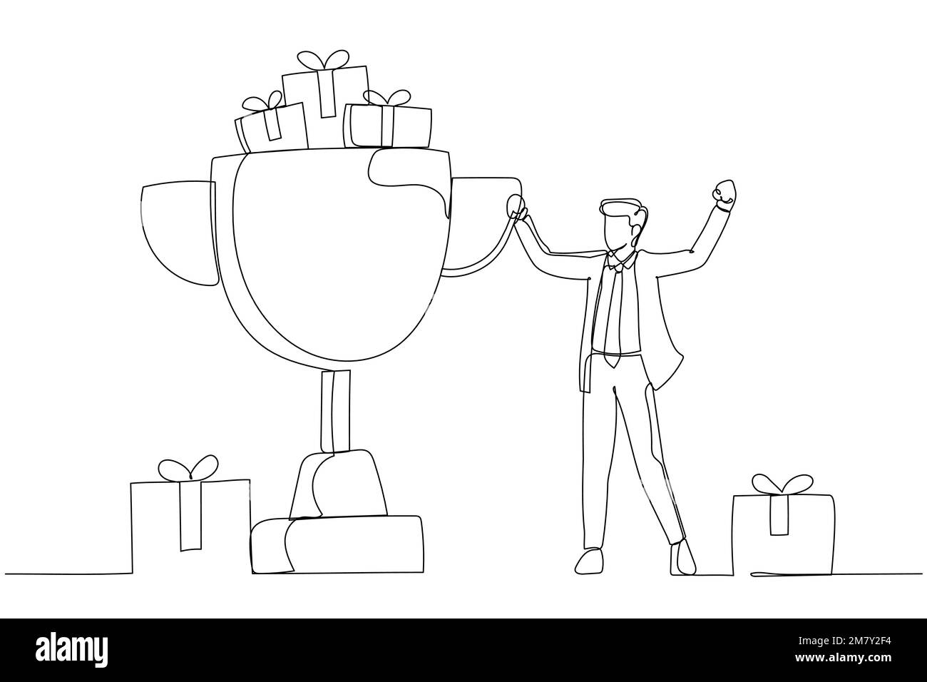 Zeichnung eines Geschäftsmannes mit großem Gewinnerpokal, der mit Erfolg zufrieden ist. Design für Strichkunst Stock Vektor