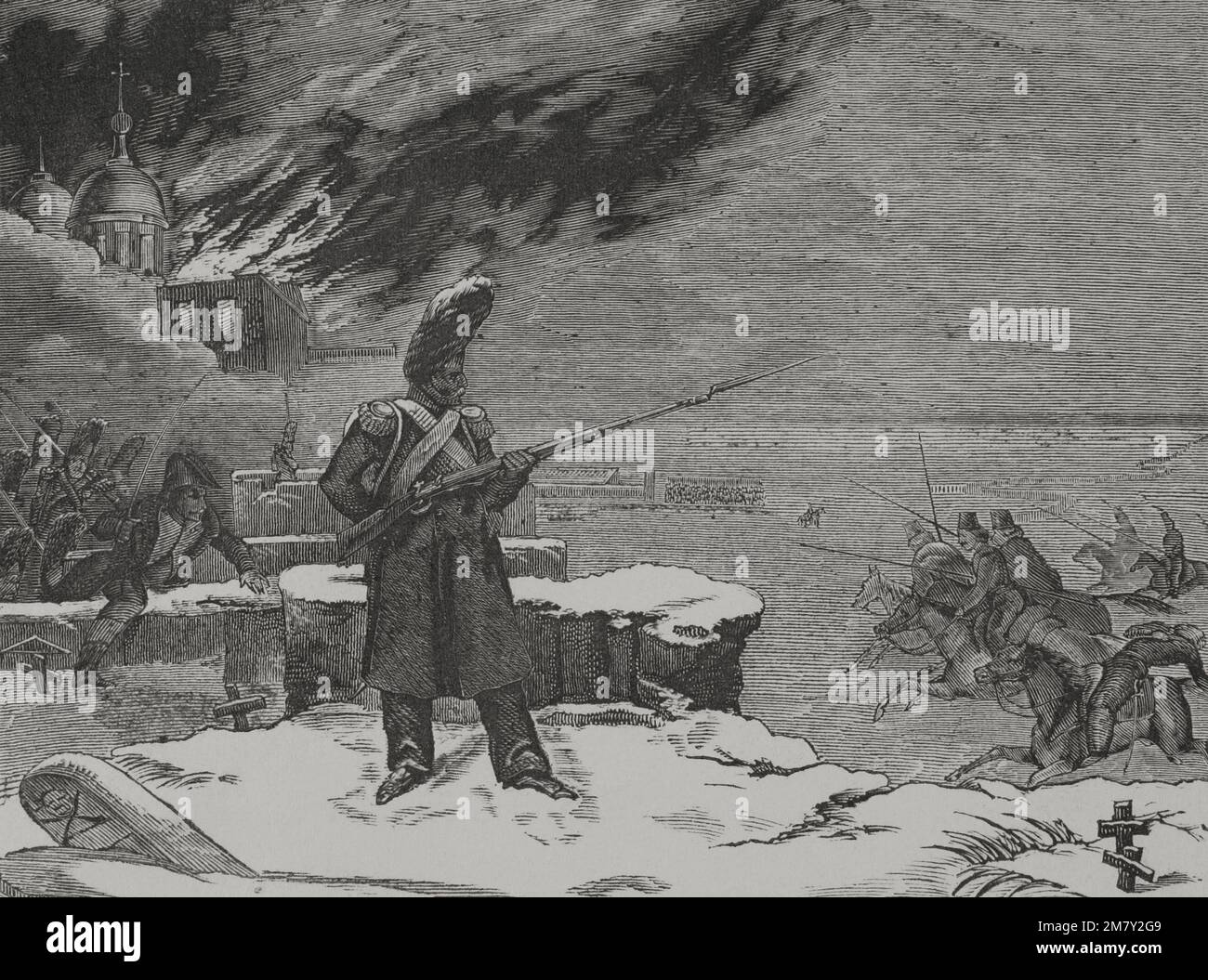 Napoleonische Kriege. Russische Kampagnen. Am 14. September 1812 kamen französische Truppen nach Moskau. Die russischen Kommandeure hatten sich nicht dem Vormarsch der Grande Armée ergeben und beschlossen, Moskau zu verbrennen und die Stadt zwischen dem 2. Und 6. September zu evakuieren. Die Franzosen in Moskau. Gravur. „Los Heroes y las Grandezas de la Tierra“ (die Helden und die Grandeurs der Erde). Volumen VI. 1856. Stockfoto