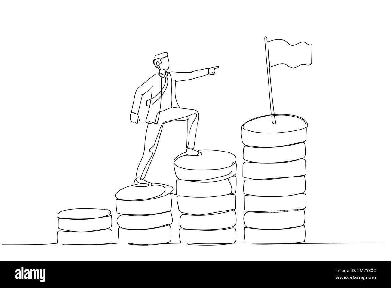 Cartoon mit Geschäftsleuten, die Geld klettern, um das Ziel zu erreichen, das finanzielle Ziel zu erreichen. Einzeiliges Kunstdesign Stock Vektor