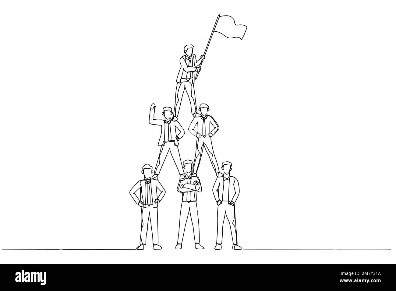 Zeichnung eines Geschäftsmanns, Pyramide und Führung durch Geschäftsführer mit Flagge. Design für Strichkunst Stock Vektor