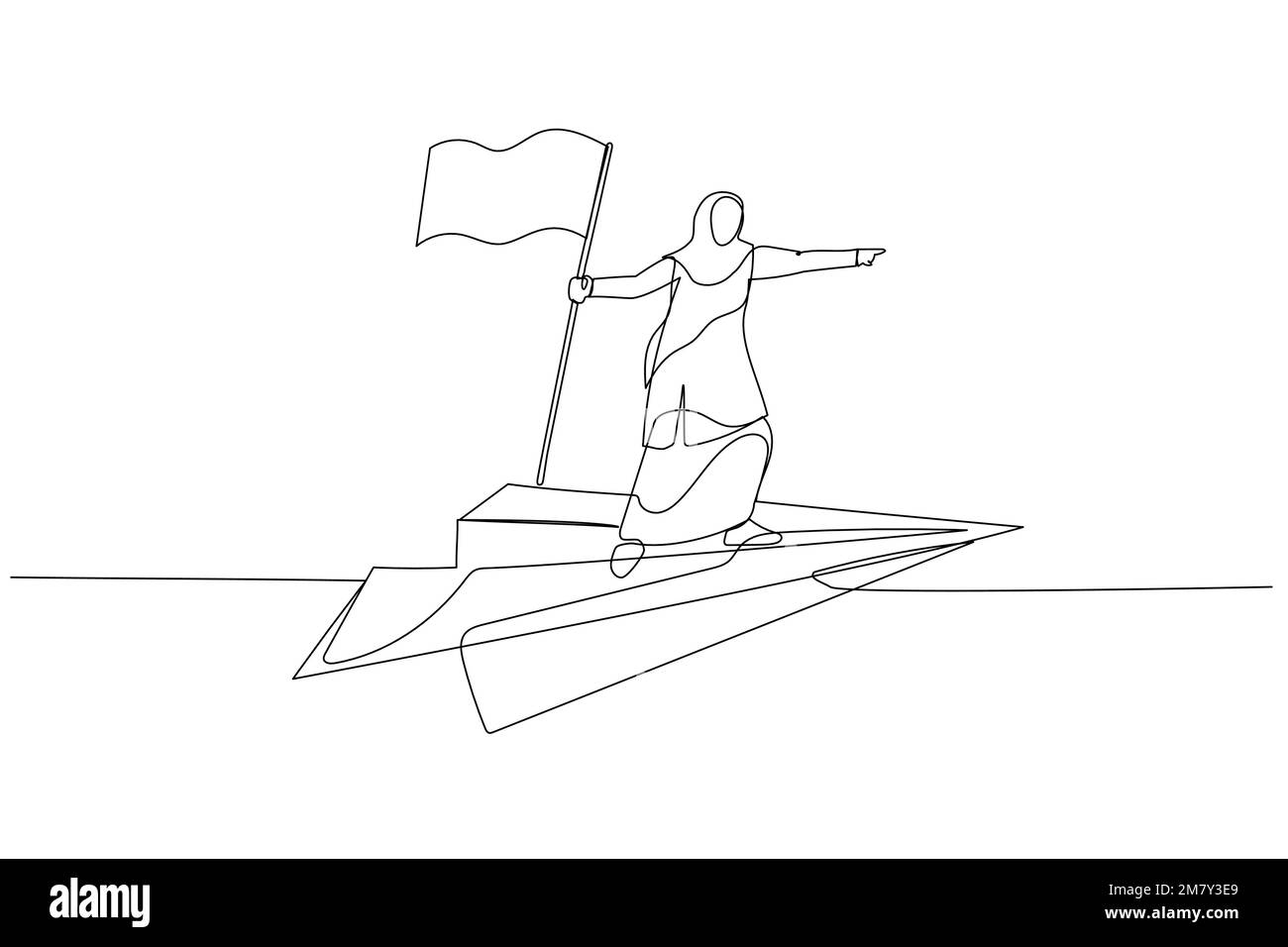 Zeichnung einer muslimischen Geschäftsfrau, die mit einem Papierflugzeug fliegt, Konzept der Entdeckung. Einzeiliges Kunstdesign Stock Vektor