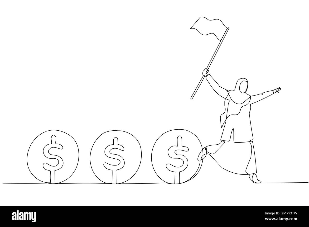 Cartoon der muslimischen Geschäftsfrau, die die Flagge hält, kontrolliert den Fluss des Geldes Konzept des Cashflows. Einteiliges Design mit durchgehender Strichzeichnung Stock Vektor