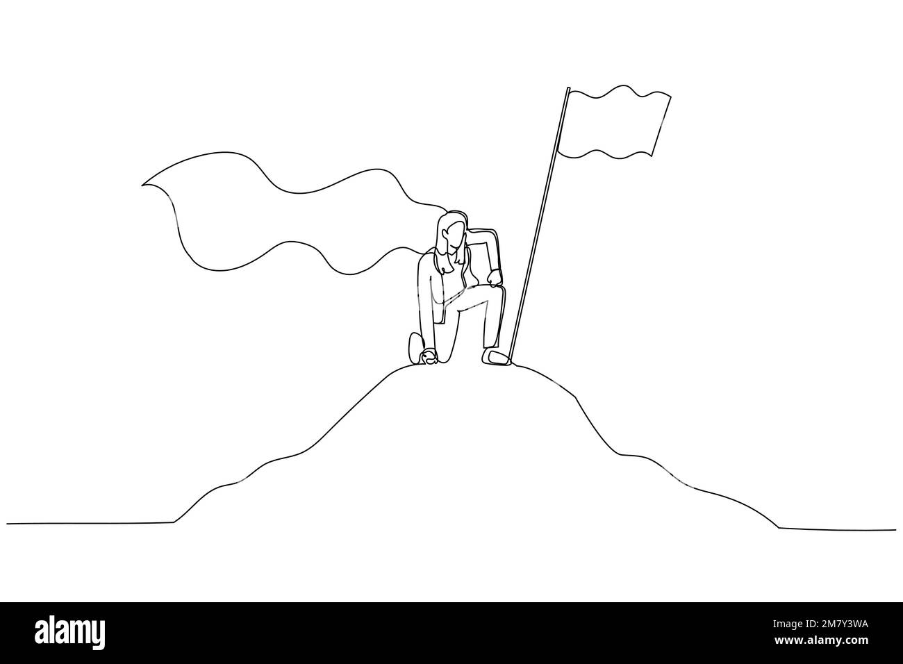 Zeichnung einer Geschäftsfrau mit Heldenumhang auf dem Berg. Einzeiliges Design im Art-Stil Stock Vektor