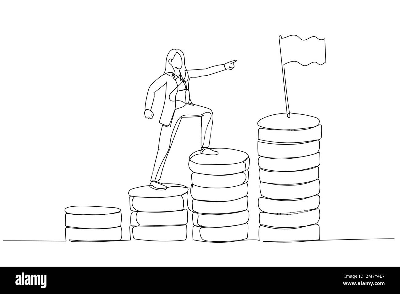 Cartoon einer Geschäftsfrau, die Geld klettert, um das Ziel zu erreichen, das finanzielle Ziel zu erreichen. Einzeiliges Kunstdesign Stock Vektor