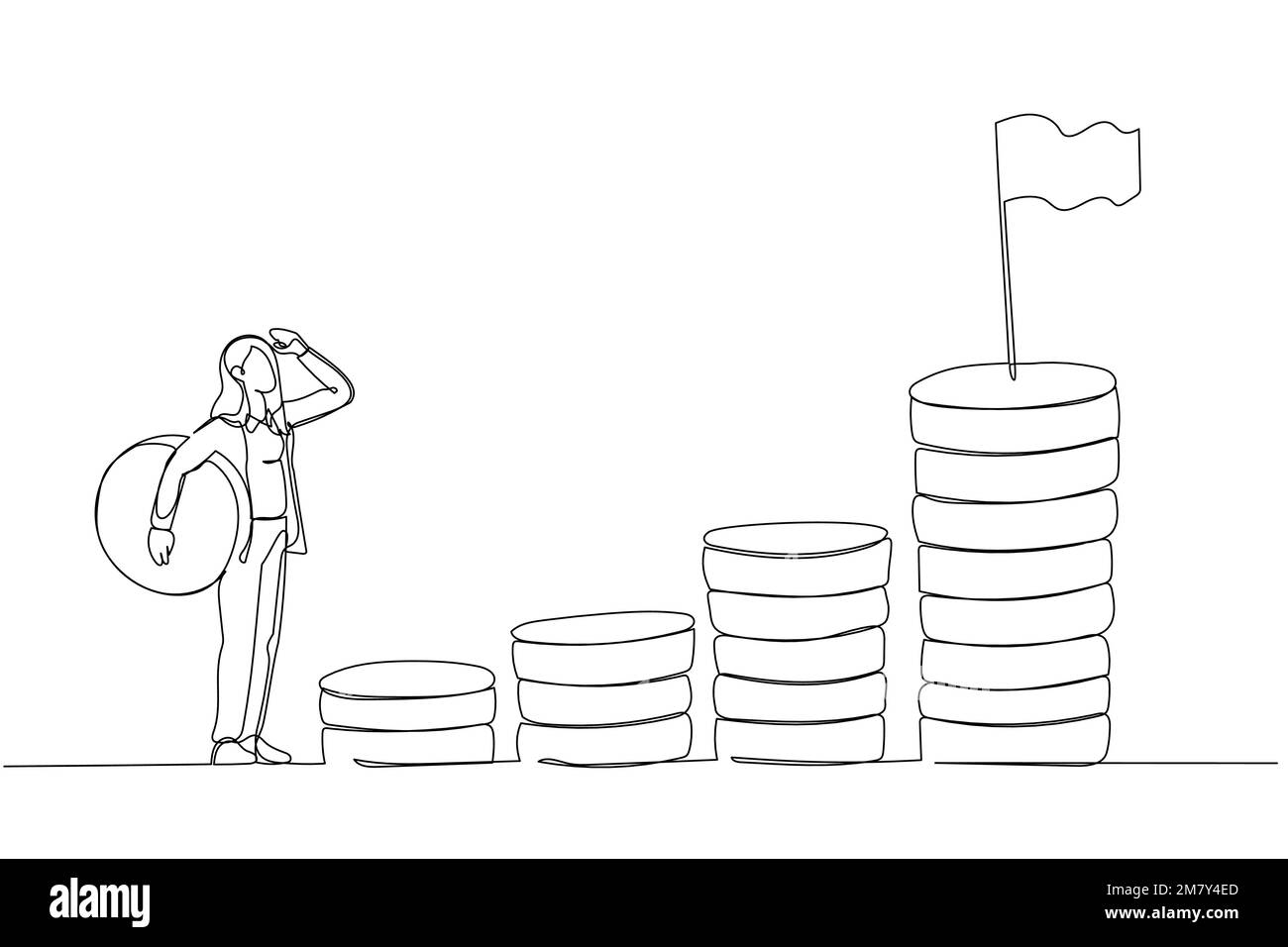 Zeichnung einer Geschäftsfrau, die Geld mit sich führt, Startschritt für den Geldstapel, Beginn der Investition. Einzeiliges Design im Art-Stil Stock Vektor